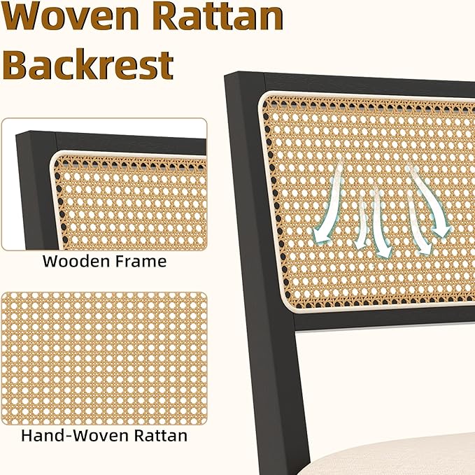 Westice Rattan Dining Chairs Set of 6, Farmhouse Natural Dining Room Chairs with Upholstered Cushion, Wood Armless Chairs for Kitchen/Restaurant, Black