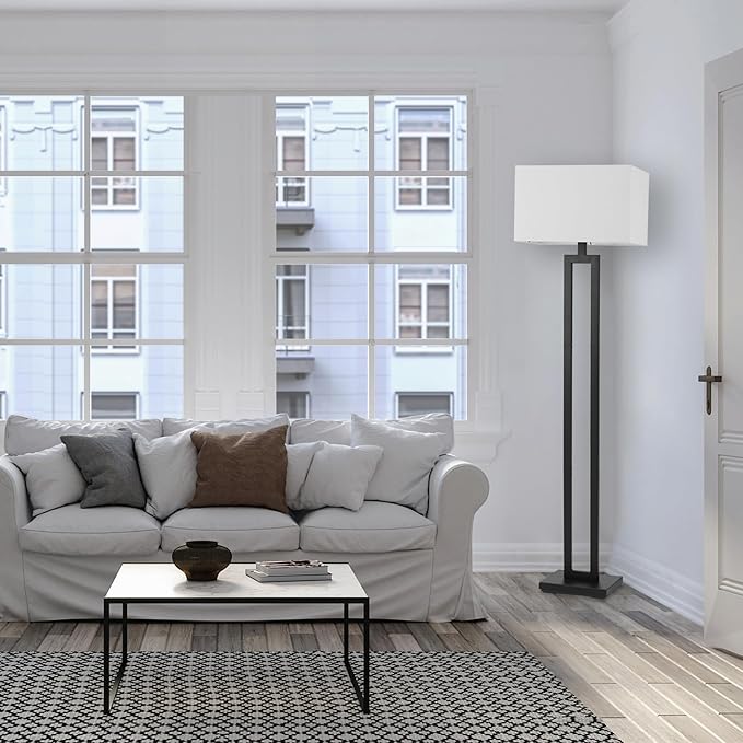 GLOBE Electric 67046 58" Floor Lamp, Matte Black Finish, White Linen Rectangular Shade, Modern Geometric Cutout Design, E26 Base