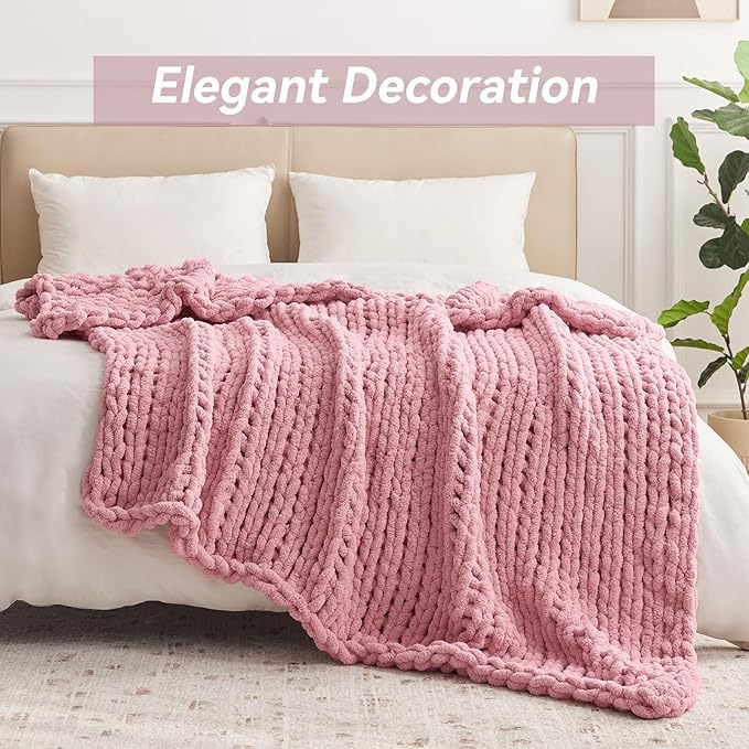 Chunky Knit Throw Blanket, 30''*40'' Knitted Throw Chenille Yarn for Bed Couch, Handmade Light Pink Crochet Big Thick Blanket, Machine Washable Cute Comfy Blanket for Home Decor