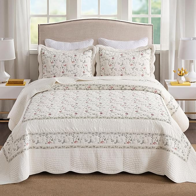 MarCielo 3-Piece 100% Cotton Oversized Bedspread Lightweight Quilt Coverlet Embroidery Farmhouse Bedding Set(TC Soft White,Oversized King (118"x106"))