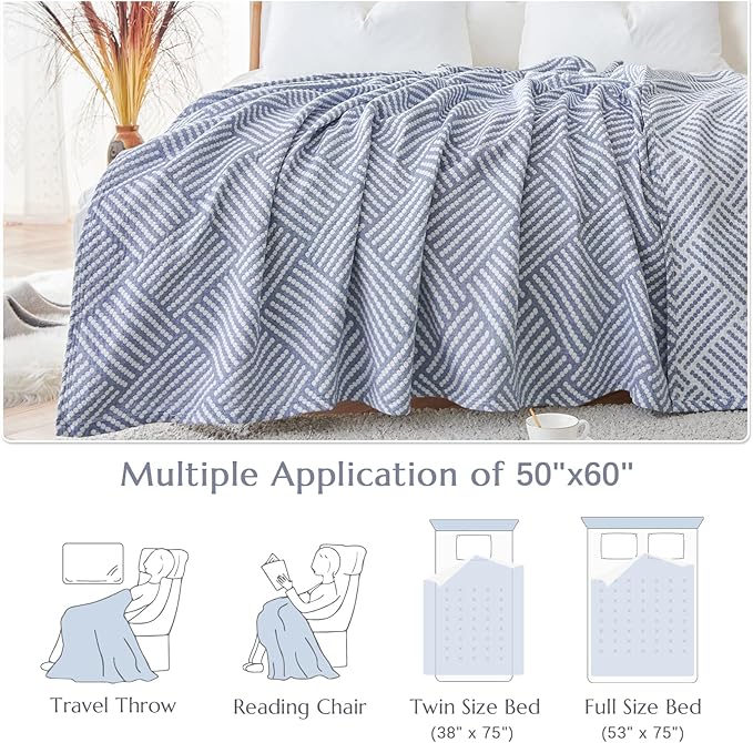 jinchan Boho 100% Cotton Blanket Muslin 50x60 Inches Lightweight 3-Layer Geometric Square Striped Pattern Reversible Quilt Throw Soft Breathable Comfy All Seasons for Couch Bed Decor, Blue