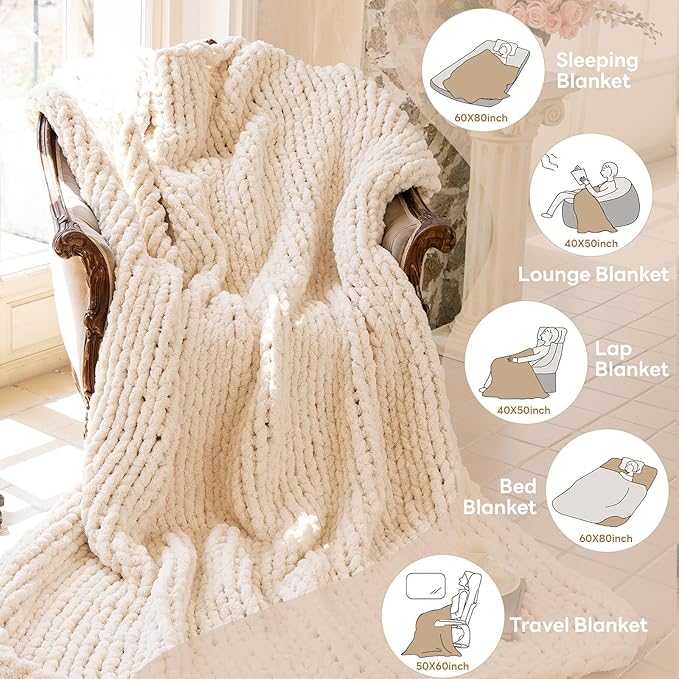 Chunky Knit Blanket - Luxury Soft Cozy 40 * 50 Throw Blanket,100% Woven Blanket Rope Knot Throw Blanket for Couch, Sofa, Home Decor, Gift - Machine Washable(Cream)