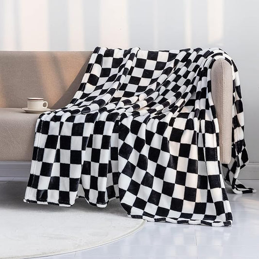 LOMAO Throw Blankets Flannel Blanket with Checkerboard Grid Pattern Soft Throw Blanket for Couch, Bed, Sofa Luxurious Warm and Cozy for All Seasons (Black, 90"x90")