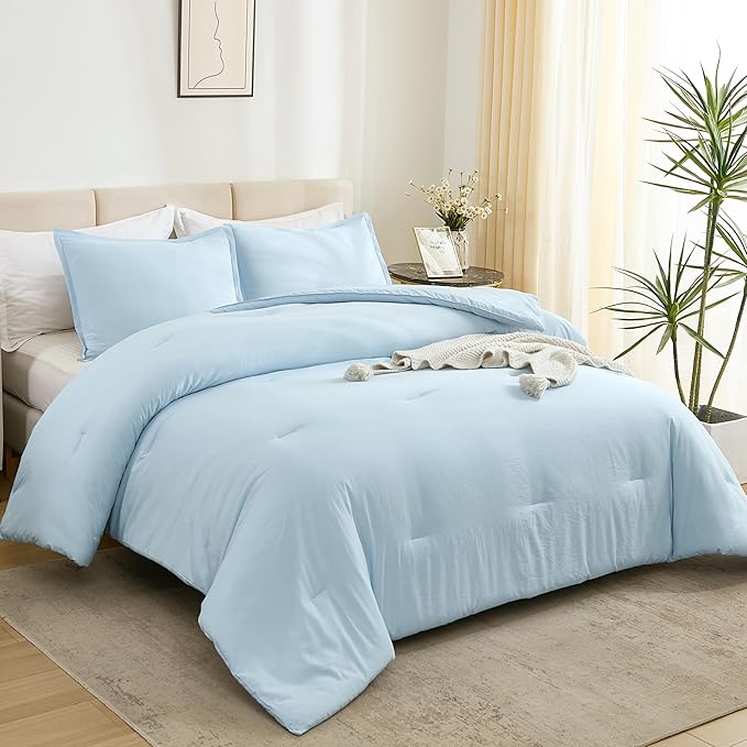 Litanika Comforters Light Blue California King Size, 3 Pieces Cal King Lightweight Solid Bedding Comforter Set, All Season Fluffy Bed Set (104x96In Comforter & 2 Pillowcases)