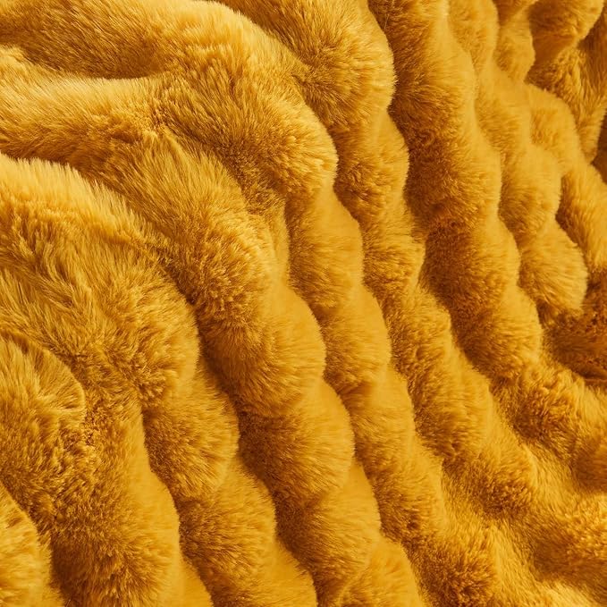 Lotus Karen Faux Fur Throw Blanket Ginger Yellow - Big Bubble Rabbit Fluff Blanket for Couch Bed Sofa,Softest Fluffy Fuzzy Cozy Blanket,Thick Furry Plush Shaggy Warm Blankets for Women,60x80 Inches