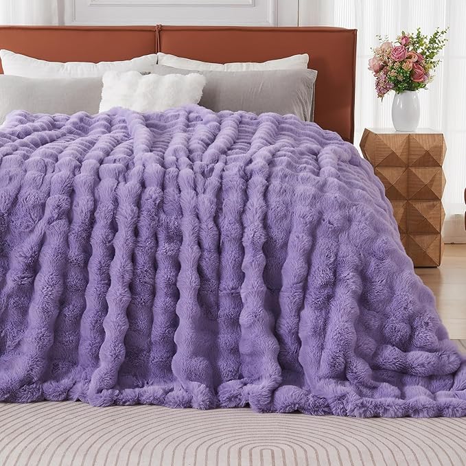 Lotus Karen Faux Fur Throw Blanket Purple - Big Bubble Rabbit Fluff King Blankets for The Bed,Softest Fluffy Fuzzy Cozy Blanket,Thick Furry Plush Shaggy Warm Blankets for Women,108x90 Inches