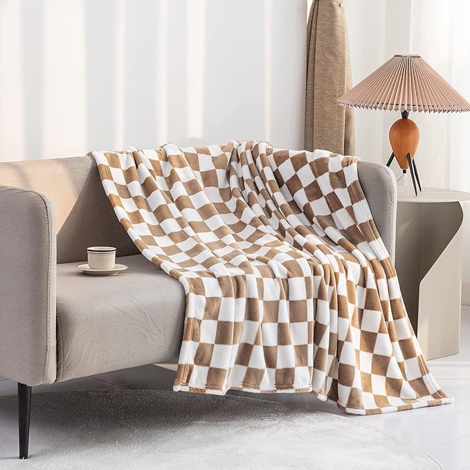 LOMAO Throw Blankets Flannel Blanket with Checkerboard Grid Pattern Soft Throw Blanket for Couch, Bed, Sofa Luxurious Warm and Cozy for All Seasons (Khaki, 90"x110")