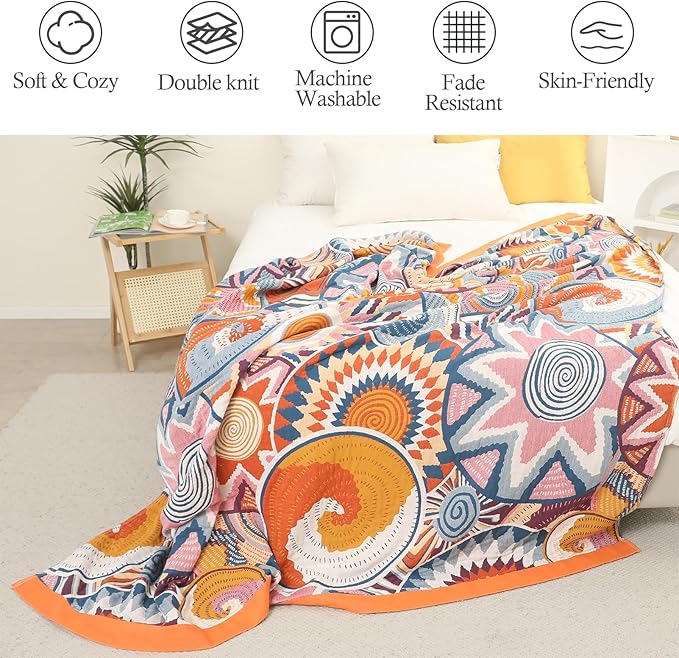 Snycler Boho Throw Blanket for Bed - 100% Cotton Ultra Soft Rustic Quilt Fall Blanket - Orange Floral Printed Farmhouse Decor Bed Blankets, 60"×80" All Season Rustic Throw for Sofa Couch Chair