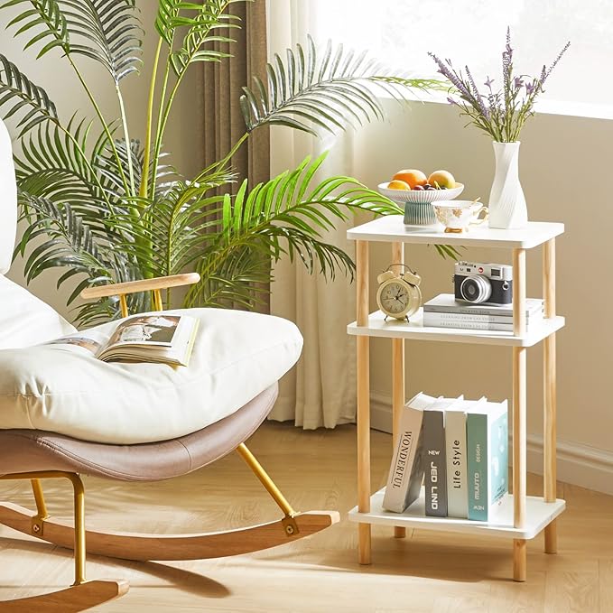 IBUYKE 3-Tier Side Table, Solid Wood Tall End Table with Storage Shelves, Nightstand Bedside Table for Living Room Bedroom Office, No-Tool Assembly, White UWST003W