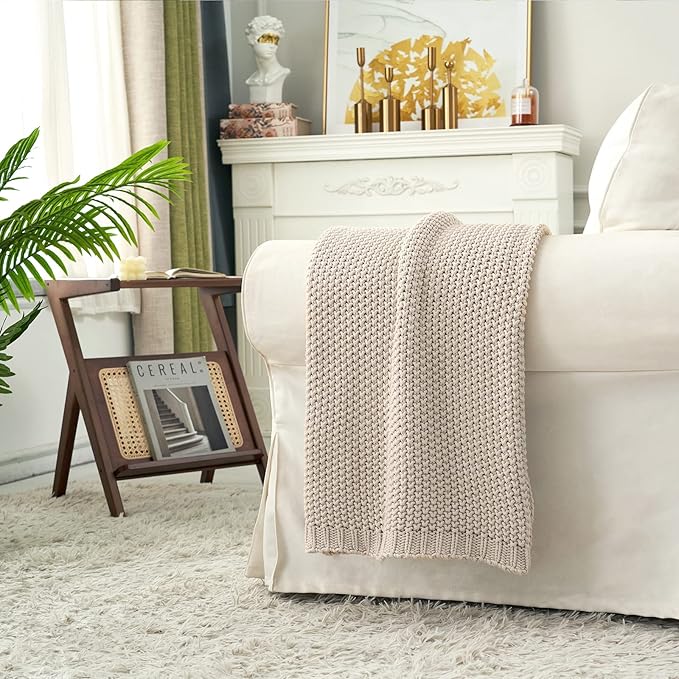 Longhui bedding Chunky Cable Knit Throw Blanket Lightweight Beige 100% Organic Cotton Blanket for Sofa Couch Bed Baby Nursery, Rustic Shabby Chic Modern Farmhouse, 51” x 63” Give Laundering Bag