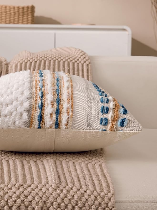 Boho Chenille Tufted Couch Throw Pillow Covers 18x18 Inch Set of 2 Farmhouse Striped Decorative Pillow Covers Accent Neutral Pillowcase Caramel Brown Blue Cushion Cover for Livingroom Sofa Bed