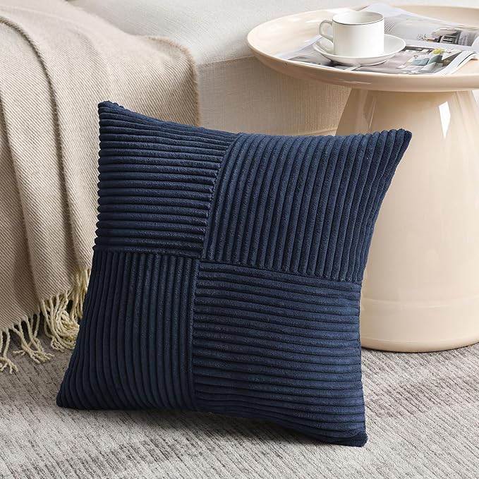 Fancy Homi 2 Packs Navy Blue Samll Decorative Throw Pillow Covers 14x14 Inch with for Couch Bed Sofa, Rustic Farmhouse Boho Home Decor, Soft Corss Patchwork Corduroy Square Cushion Case 35x35 cm