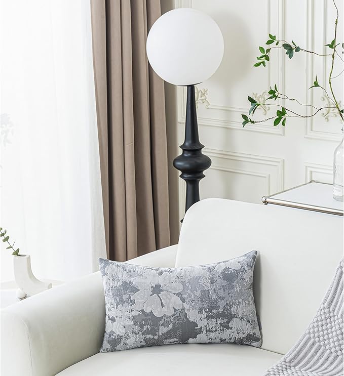 Jacquard Throw Pillow Covers 12x20 Inch Set of 2 - Vintage Floral Boho Pillow Cases with Botanical Pattern | Farmhouse Decor for Couch Living Room | Soft Textured Neutral Trio Slate Gray 12" x 20"