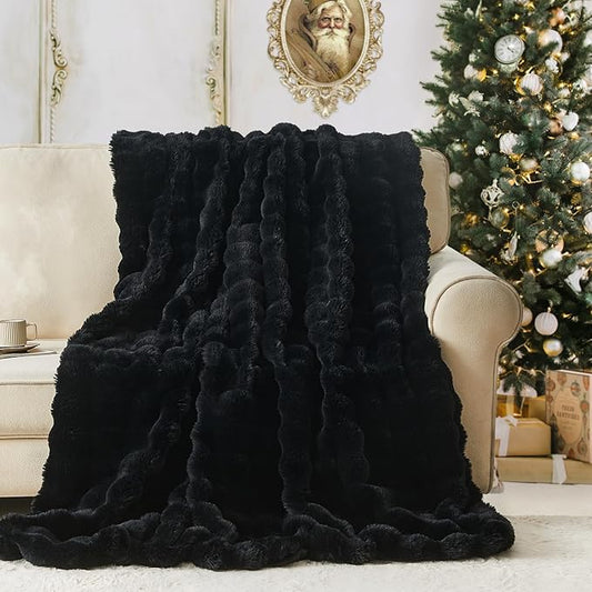 Lotus Karen Faux Fur Blanket - Black Twin Size, Big Bubble Rabbit Fluff, 60x80 Inches