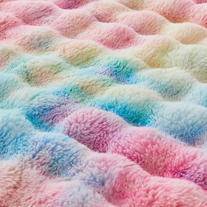 RYNGHIPY Faux Fur Throw Blanket Tie Dye Colorful Rainbow Blanket for Couch Plush Fluffy Faux Rabbit Fur Decoration Blanket for Sofa Chair Bed (Rainbow, 63''x79'')