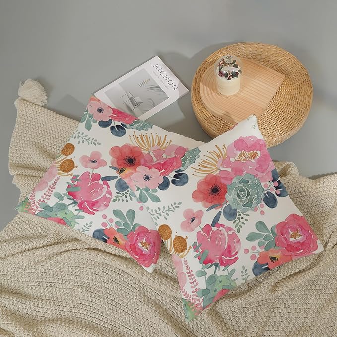 CXMEIFLY Spring Floral Pillow Covers 22 x 22 Inch Set of 2 for Watercolor Pink Flowers Decor Throw Pillows Green Leaves Plant Outdoor Decorative Cushion Cases with Zipper for Couch Bed Decorations