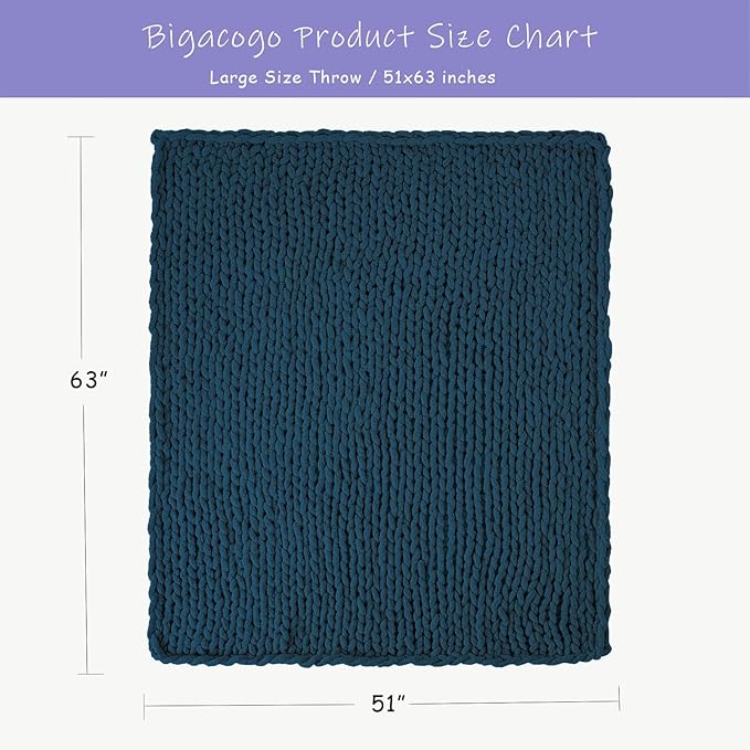 Bigacogo Chunky Knit Throw Blanket for Couch, 51x63 inches, 100% Hand Knitted with Thick Jumbo Chenille Yarn, Cozy Soft Large Rope Knot Cable Crochet Blankets for Sofa Bed Living Room, Deep Sea Blue