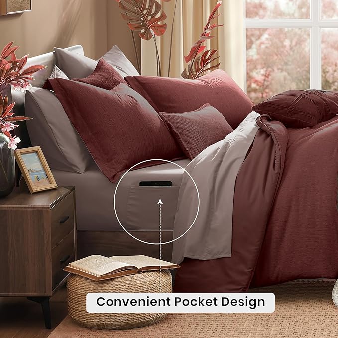 Monbix Queen Comforter Set - 7 Pieces Cationic Dyeing Dark Red Bed in a Bag Queen Bedding Sets with Comforter, Sheets, Pillowcases & Shams, Reversible Bedding Comforters Sets