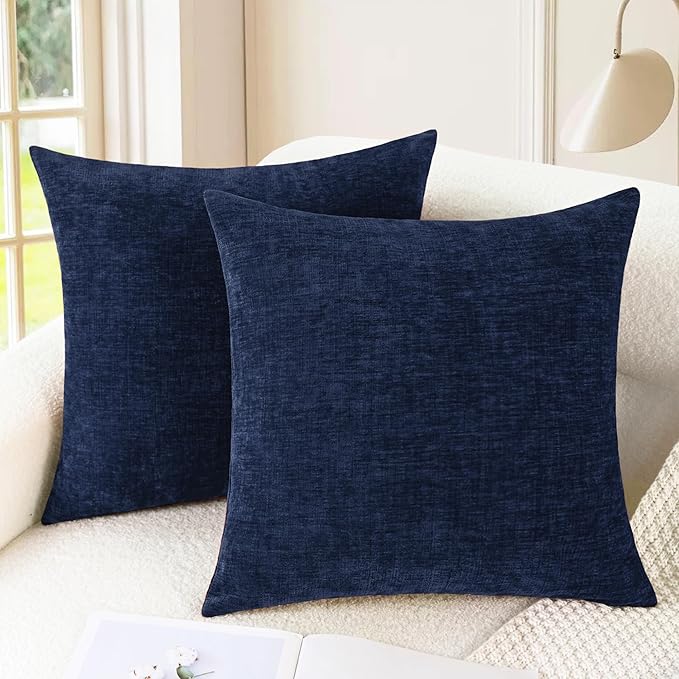 CaliTime Throw Pillow Covers Decorative 22 X 22 Inches Pack of 2 Cozy Chenille Cushion Cases for Couch Sofa Bed Living Room Home Navy Blue