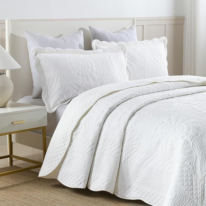 MarCielo 3-Piece 100% Cotton Oversized Bedspread Lightweight Quilt Coverlet Embroidery Farmhouse Bedding (Tf Bright White, Oversized Queen (100"x106"))