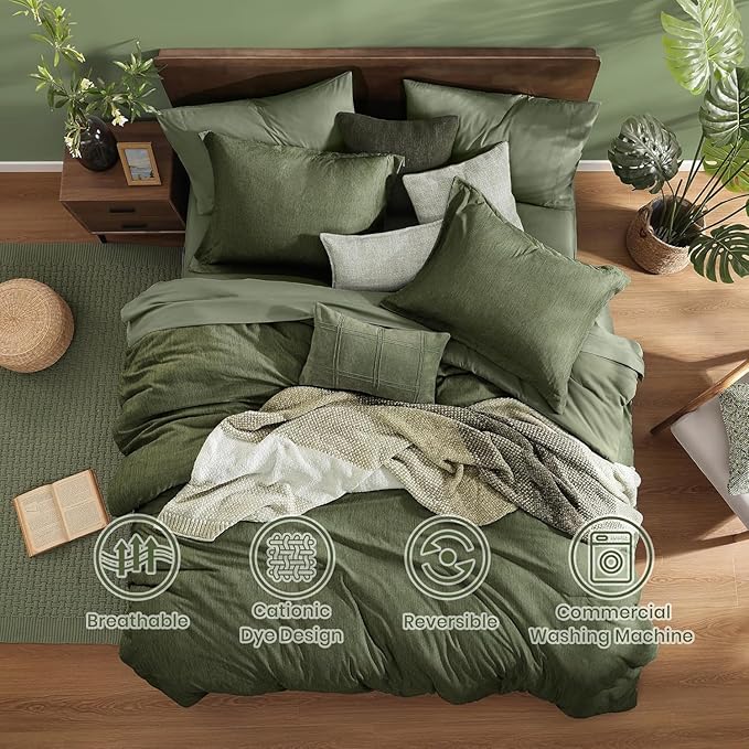 Monbix California King Comforter Set - 7 Pieces Cationic Dyeing Olive Green Bed in a Bag Cal King Bedding Sets with Comforter, Sheets, Pillowcases & Shams, Reversible Bedding Comforters Sets(108 * 92)