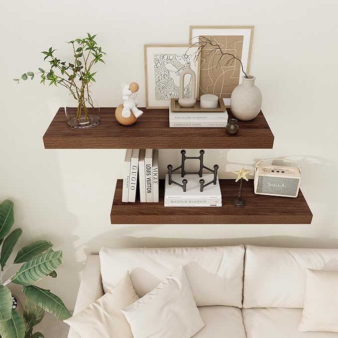 Floating Shelves 36 Inch Long, 12 Inch Deep Floating Shelves for Wall, 36 x 12 Shelves for Wall Storage & Display, 2" Thick Floating Shelf for Bathroom, Living Room, Bedroom, Walnut Color, Set of 2