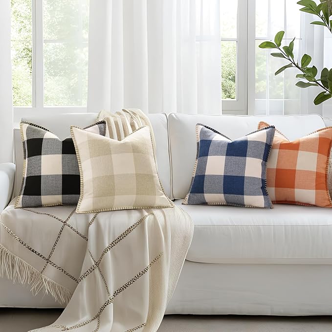 decorUhome Buffalo Plaid Check Throw Pillow Covers 18x18 Set of 2, Outdoor Decorative Farmhouse Neutral Pillow Covers with Stitched Edge for Bed Couch Sofa, Navy Blue and White