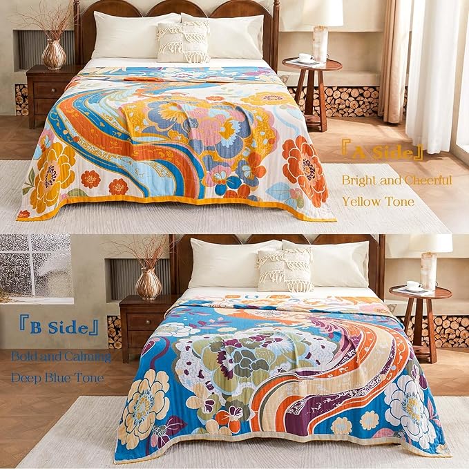 Boho Throw Blanket, Lightweight Blankets for Summer, 100% Cotton Bohemian Decorative Throw Blanket, 50"x60" Reversible Muslin Breathable Woven Farmhouse Blankets Quilt,