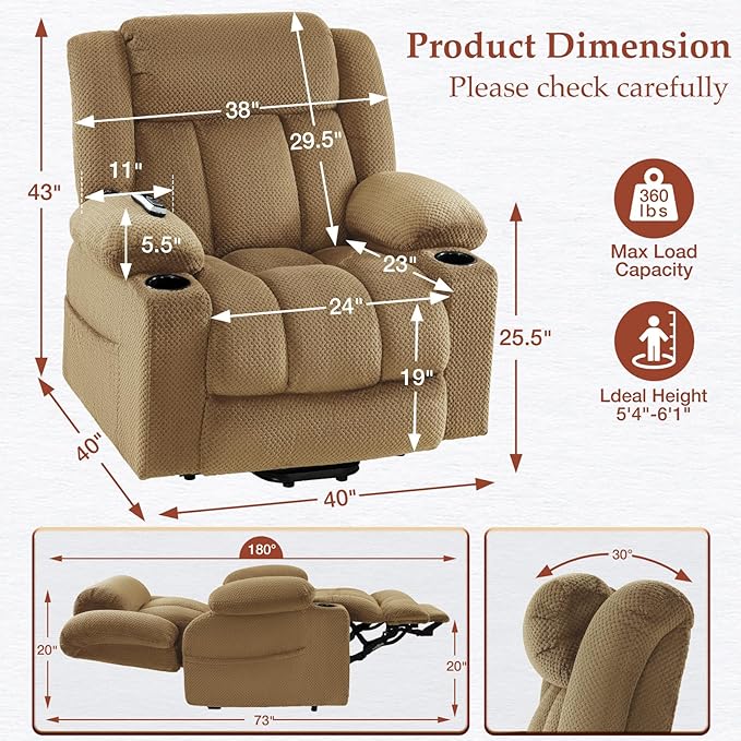 Three Motor Large-Wide Power Lift Chairs Recliners for Big and Tall Elderly, 180° Lay Flat Lift Chair, Infinite Position, Power Headrest, Heat & Vibration Massage (Plush Flannel, Camel Beige)