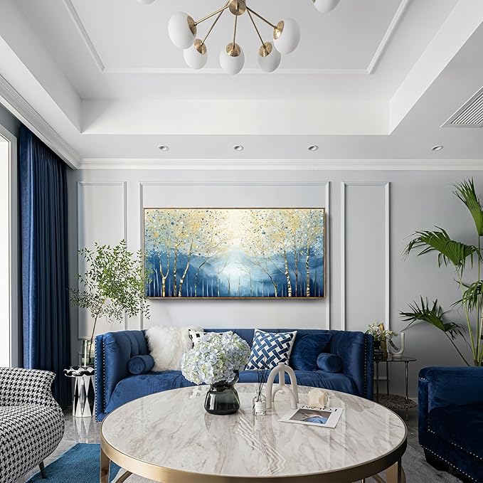 amatop Extra Large Framed Wall Picture for Living Room Abstract Forest Canvas Art Print Modern Landscape Tree of Life Picture Oversized Birch Artwork Bedroom Home Office Decor Blue Orange 58x29 Inch