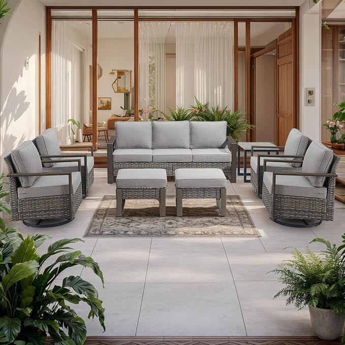 Outdoor Wicker Patio Furniture Set - 8 Piece Patio Conversation Set with 4 Wicker Swivel Rocker Chairs,2 Rattan Ottoman 1 Side Table and 1 Couch,Thick Cushions,Deep Seating(Mixed Grey/Grey)