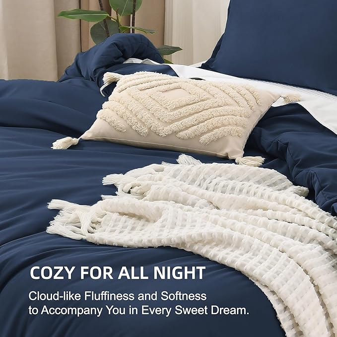 Litanika Navy Blue Oversized King Comforters Super King Size, 3 Pieces Lightweight Solid Bedding Comforter Set, All Season Fluffy Bed Set (120x120In Comforter & 2 Pillowcases)