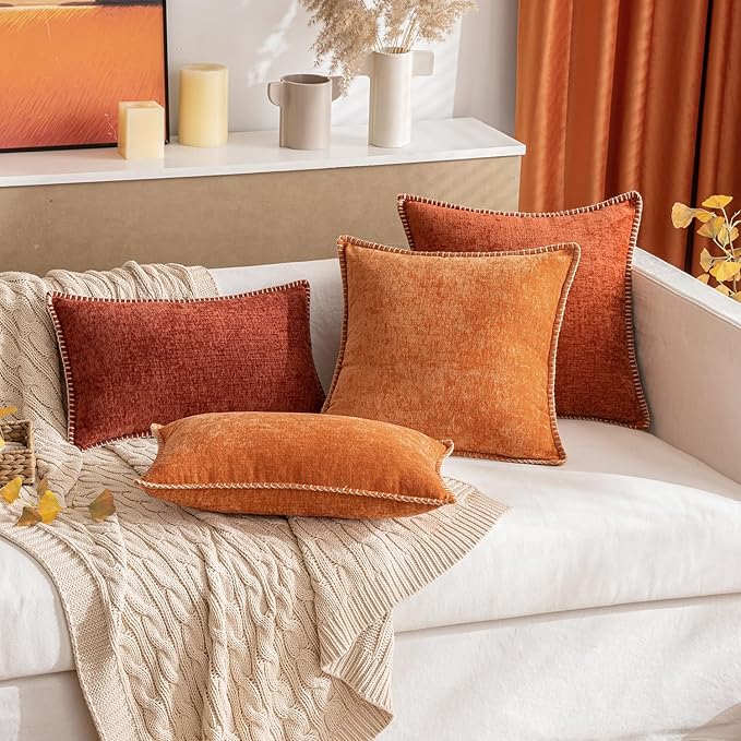 MIULEE Pack of 2 Fall Couch Throw Pillow Covers 18x18 Inch Rust Farmhouse Decorative Pillow Covers with Stitched Edge Soft Chenille Solid Dyed Pillow Covers for Sofa Bed Living Room