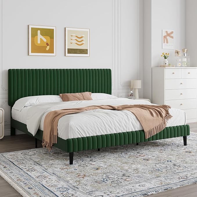 King Size Bed Frame, Velvet Upholstered Platform Bed with Vertical Channel Tufted Headboard and Footboard, No Box Spring Required, Easy Assembly, Green