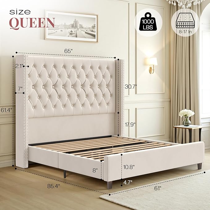 PaPaJet Queen Size Bed Frame with 61.4" Tall Headboard, Velvet Modern Upholstered Tufted Bed for Adults, Handmade Deep Button Tufting, Solid Wood Legs, No Box Spring Required, Cream