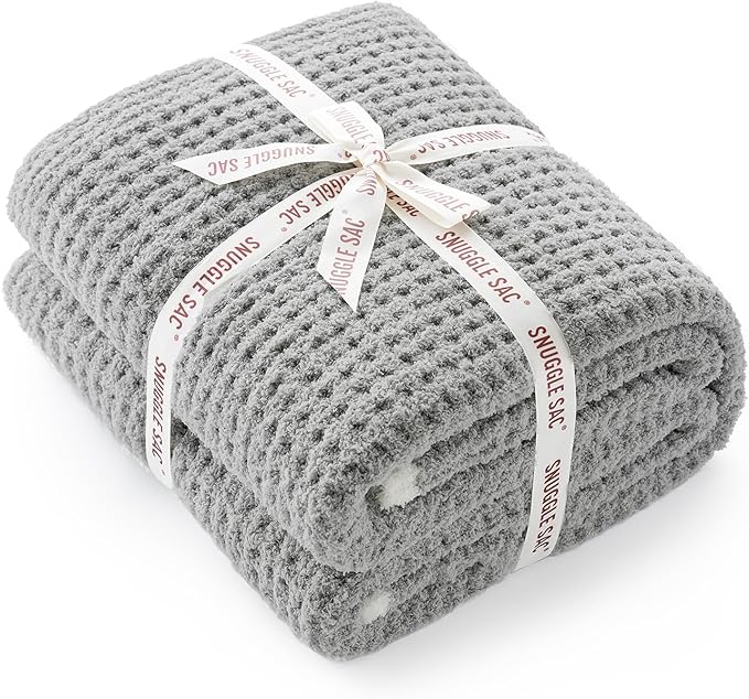 Snuggle Sac Grey Waffle Throw Blanket for Couch Bed Sofa 60x80 inches, Reversible Grey Blanket Microfiber Fluffy Fuzzy Cozy Knit Twin Blanket for Women Mothers Birthday Gifts