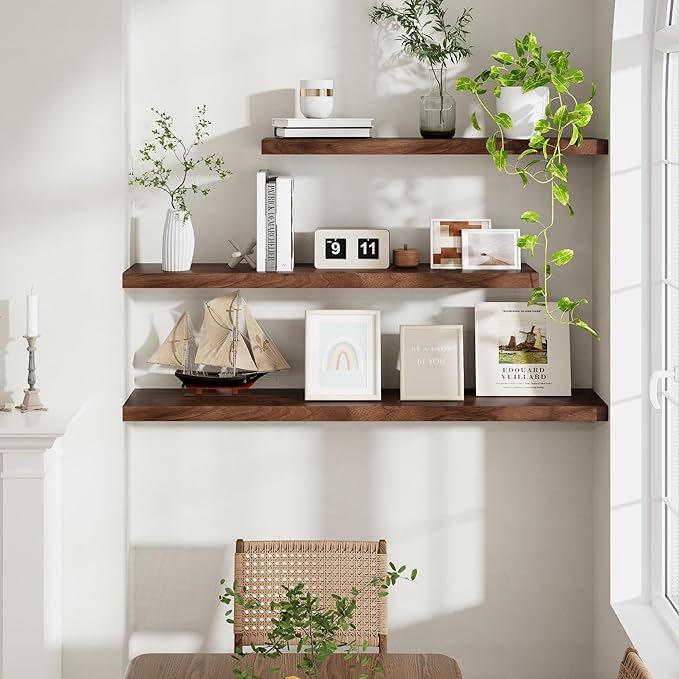 55 Inch Floating Shelves Set of 2, Rustic 55 x 9 Floating Shelf for Wall, 9 Inch Deep Wall Shelves Invisible Bracket, Large Deep Shelving for Bedroom, Kicten, Living Room, Walnut Color