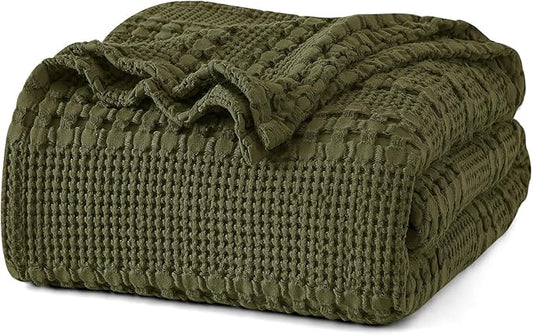 PHF 100% Cotton Waffle Weave Blanket Twin Size, Soft Lightweight Breathable Cozy Summer Blankets for Bed, Luxury Aesthetic Woven Bedding for Home Decor, 66"x90", Capulet Olive