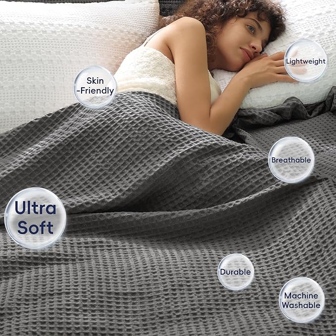 PHF Ultra Soft Waffle Weave Blanket Queen Size 90"x 90"- Washed Lightweight Breathable Cozy Woven Blanket for Bed - Aesthetic Decor for Couch Bedding Sofa Home Car - Grey