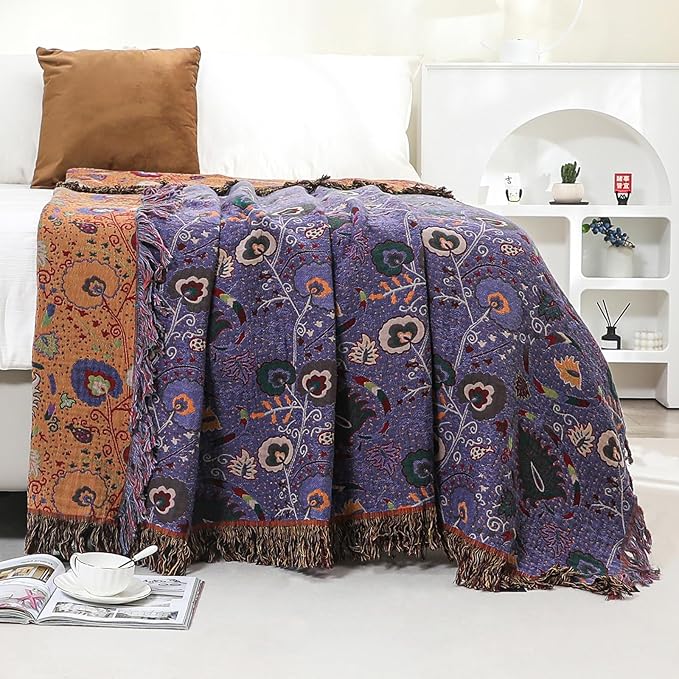 Boho Fall Throw Blanket for Bed Purple Flowers，100% Ultra Cotton Soft Breathable Bed Throw Floral Printed Farmhouse Decor Rustic Bed Throws for Couch Sofa Quilt 90" x 98"