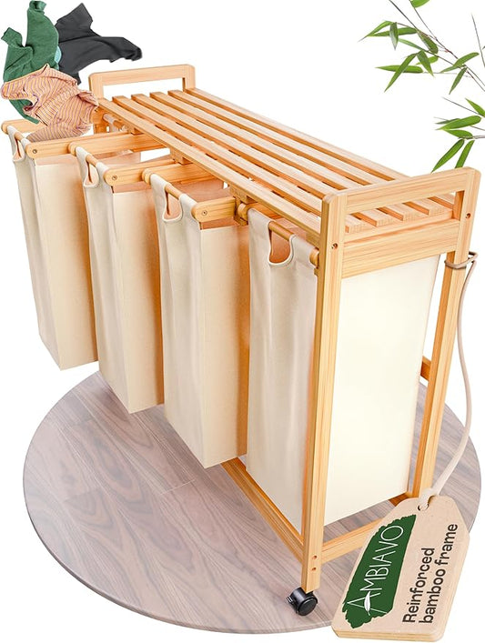 Laundry Sorter with 4 Sections beige, Hamper with Removable Cotton Bags & Wheels – Perfect Laundry Organizer - Eco-Friendly Rolling Laundry Basket – Durable Bamboo and Stylish Design
