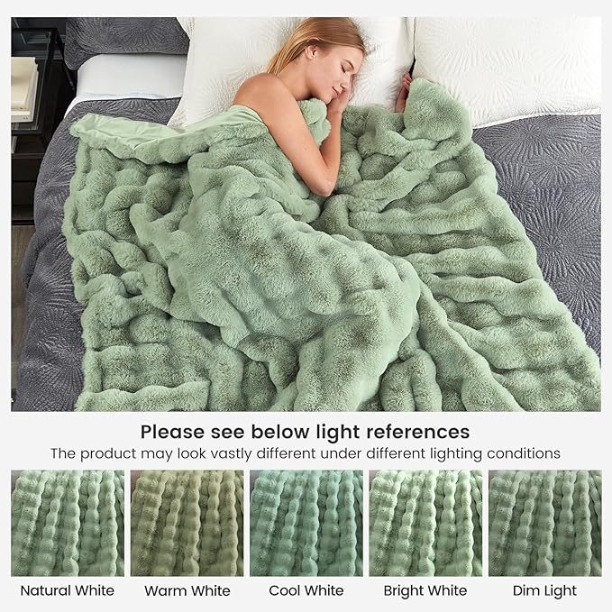 Cozy Bliss Faux Fur Throw Blanket for Couch, Fuzzy Soft Plush Thick Bubble Blanket for Sofa Bedroom Living Room, 60 * 80 Inches Sage Green