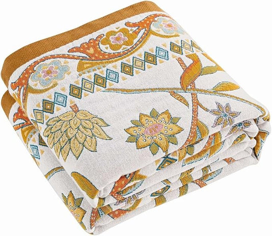 Fall Throw Blanket for Couch, Brown Boho Decorative Throw Blanket, 100% Cotton Muslin Breathable Woven Farmhouse Blankets Quilt, 90"x98" Reversible Lightweight Blankets Bohemian Throw Quilt