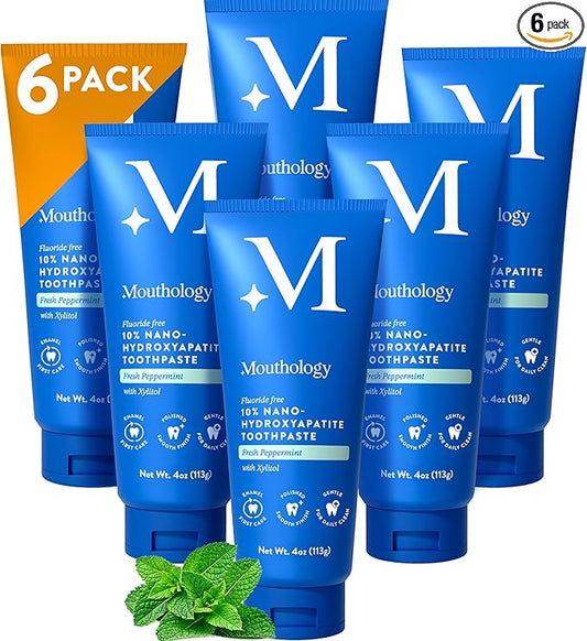 Mouthology 10% Nano Hydroxyapatite Toothpaste (6pk, Fluoride Free), Whitening*, Supports Enamel Care*, Appropriate for Sensitive Teeth*, SLS Free, Xylitol nHA Toothpaste Adults, Mint 4oz (USA Made)
