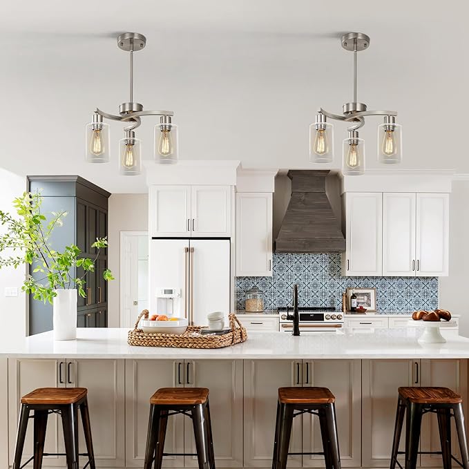 3-Light Brushed Nickel Pendant Lighting for Kitchen Island, Hanging Dining Room Light Fixtures Over Table, Industrial Chandelier for Entryway Hallway Foyer Bedroom, Clear Glass Shade