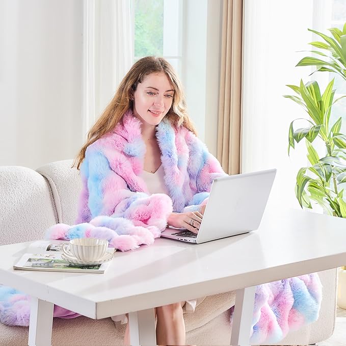 Lotus Karen Faux Fur Throw Blanket Tie-Dye Purple Rainbow - Big Bubble Rabbit Fluff Blanket for Couch, Small Fluffy Fuzzy Cozy Blanket,Thick Furry Plush Shaggy Blankets,60x80 Inches