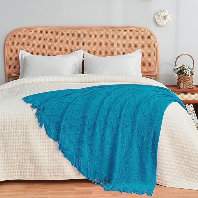 inhand Teal Throw Blanket for Couch and Bed, Soft Living Room Home Decor Knitted Twin Size Blanket, Outdoor Lightweight Breathable Summer Blanket, Farmhouse Warm Woven Decorative, 60"x80"