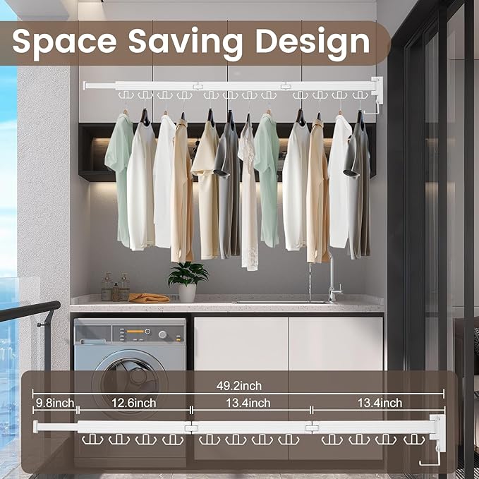 Clothes Drying Rack Wall Mounted, Retractable Drying Racks for Laundry, Foldable Drying Rack With 12 Hooks, Sturdy Tri-Fold Wall Mounted Space Saver for Laundry Room Balcony Bathroom - 49.8", White