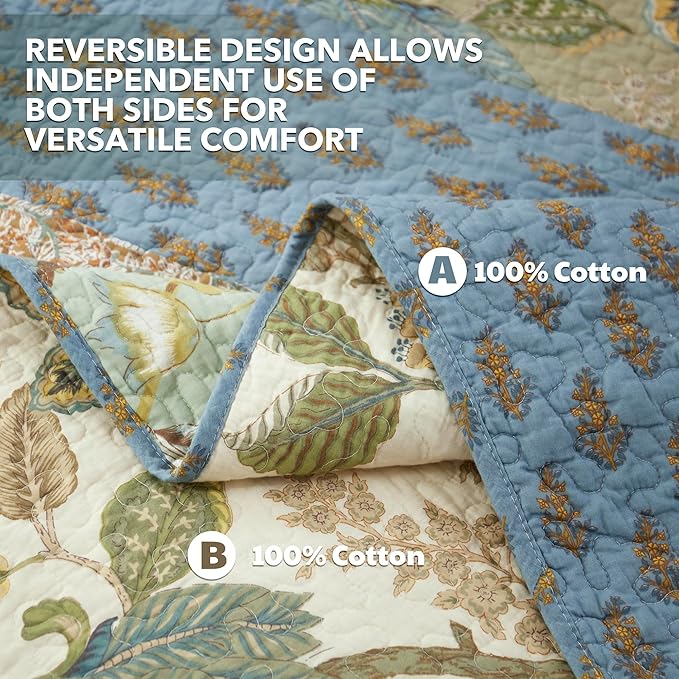 NEWLAKE Quilt Set King Size, 100% Cotton Patchwork Green Bohemian Quilt Sets, Reversible Bedspread Lightweight and Breathable for All Seasons, Soft Quilted Bedspread with 2 Pillow Shams