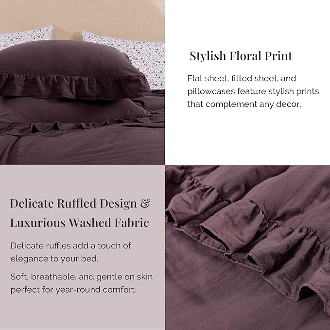 Queen Comforter Set - 7 Pieces Ruffle Purple Bedding Sets, Shabby Chic Farmhouse Bed in a Bag Queen with Ruffle Comforter, Floral Sheets, Pillowcases & Shams